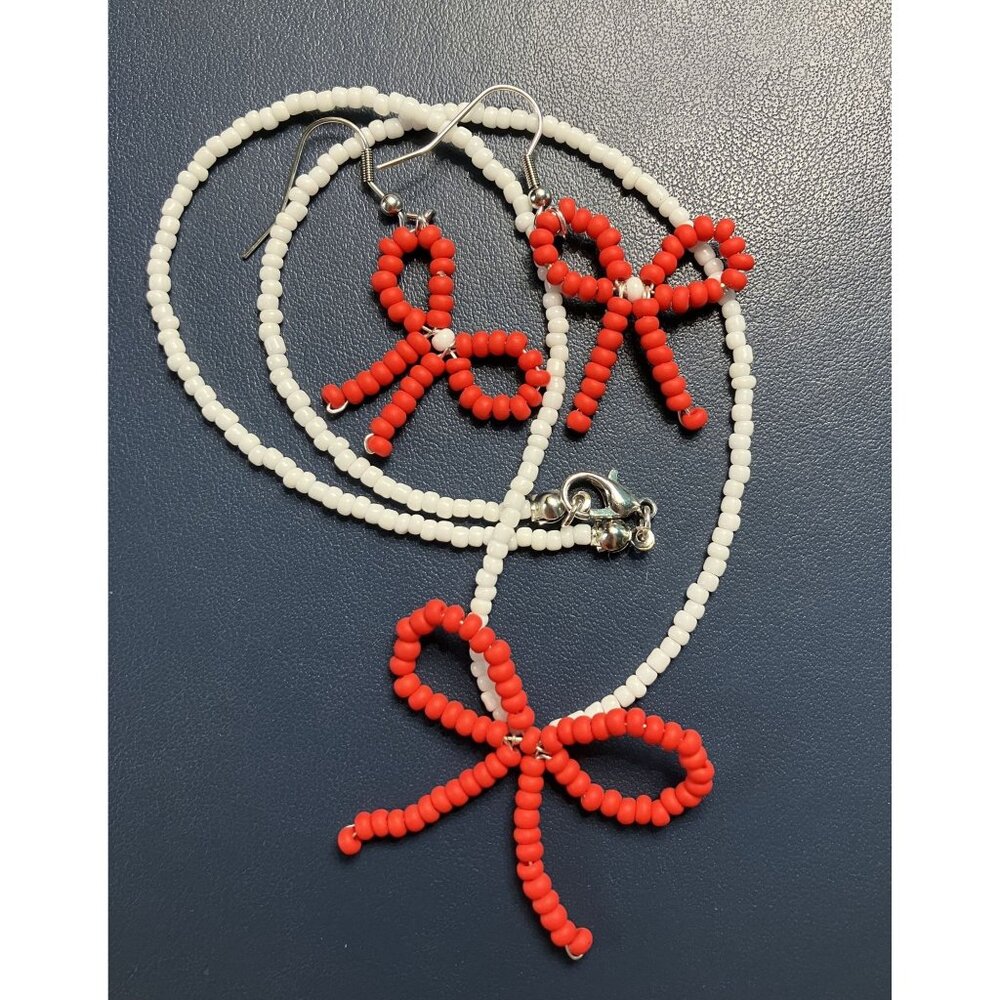 Dainty Beaded Red and White Bow Necklace and Dangle Earring Set